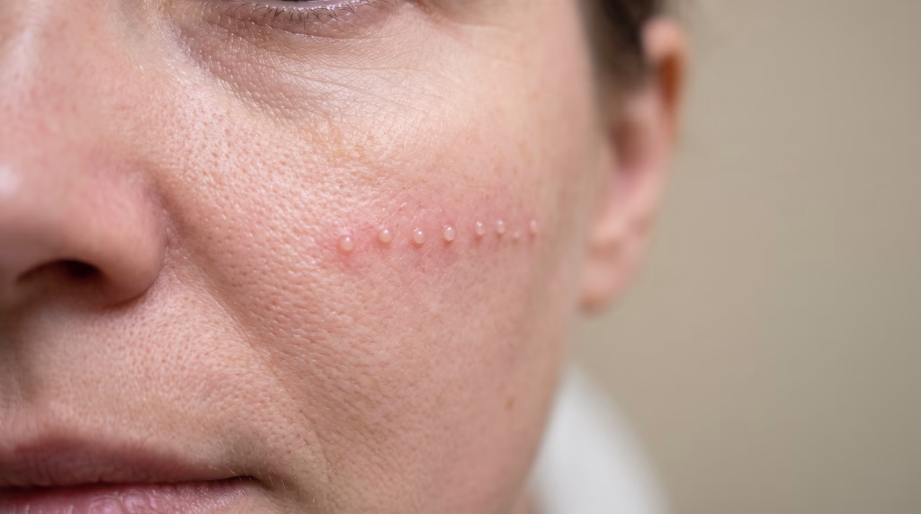 A line of small raised blebs still settling on a cheek shortly after a skin booster treatment