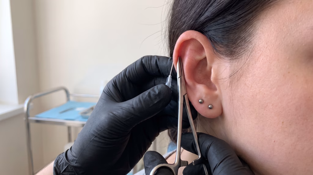 Gloved hands holding sterile forceps and a single-use piercing needle at the upper cartilage of a client's ear during an ear piercing appointment