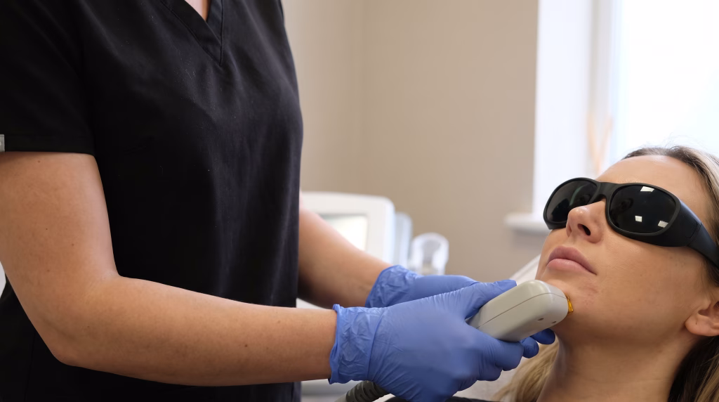 A small laser handpiece held against a woman's chin and jaw, her eyes protected by goggles