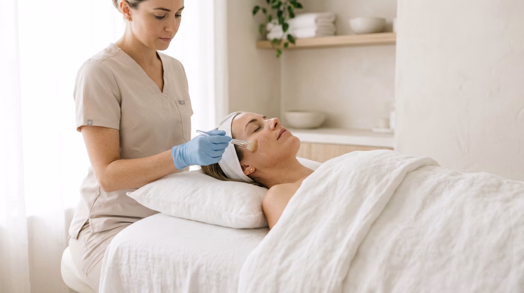 A practitioner brushing facial serum onto a client lying on a treatment couch