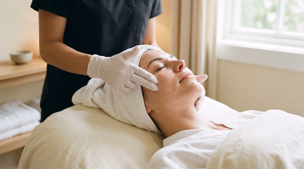 Gloved fingertips applying a clear serum to a reclining client's cheek during a facial