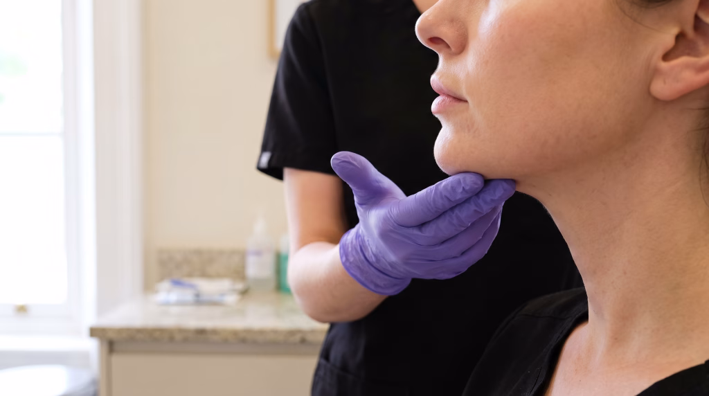 Gloved fingers checking whether the tissue under a client's chin is fat or loose skin