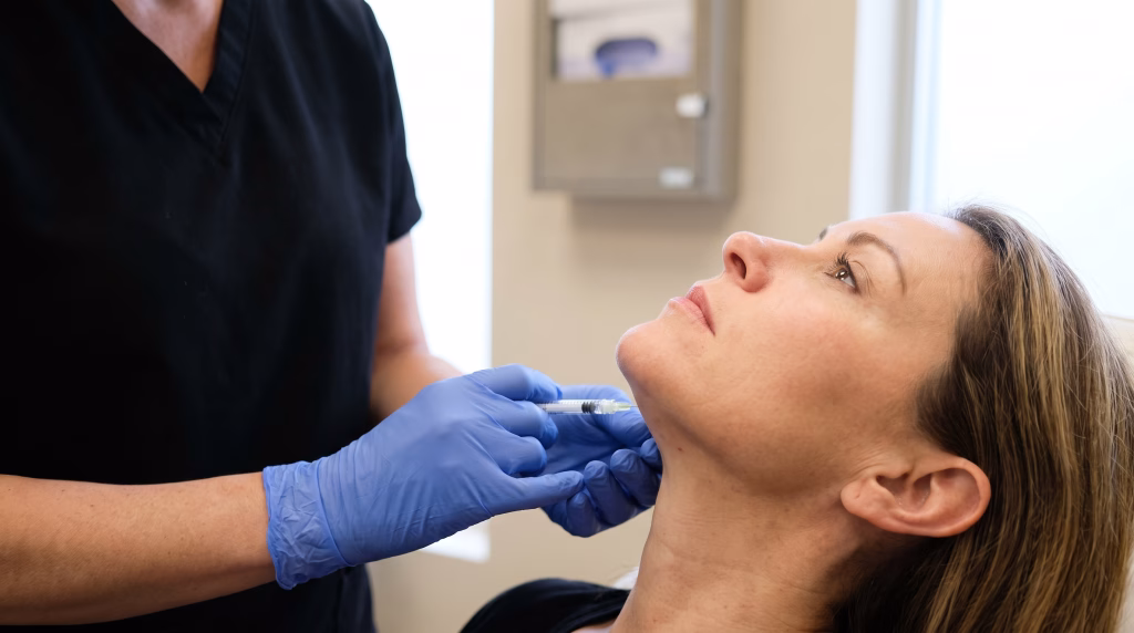 Gloved hands placing an injection into the soft area under the chin with a fine needle