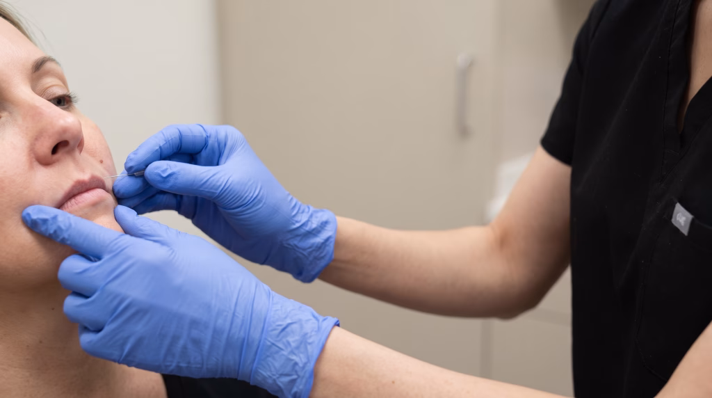 A fine needle placed into the line running from the side of the nose to the corner of the mouth