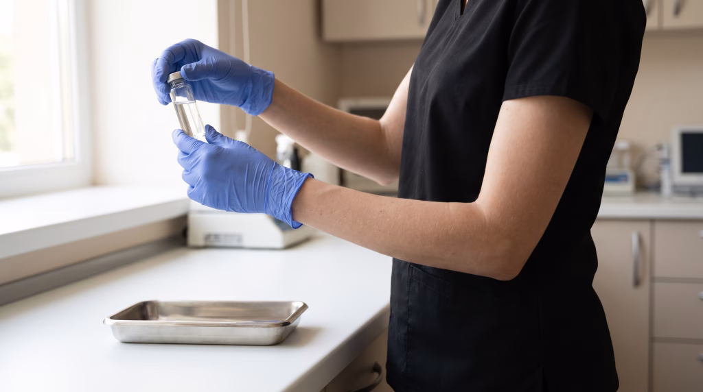 Checking an unlabelled vial in the light before drawing up an anti-wrinkle treatment
