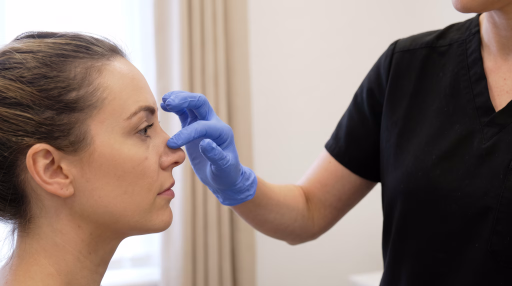 Practitioner assessing a nose profile before a non-surgical nose reshaping treatment in Southsea