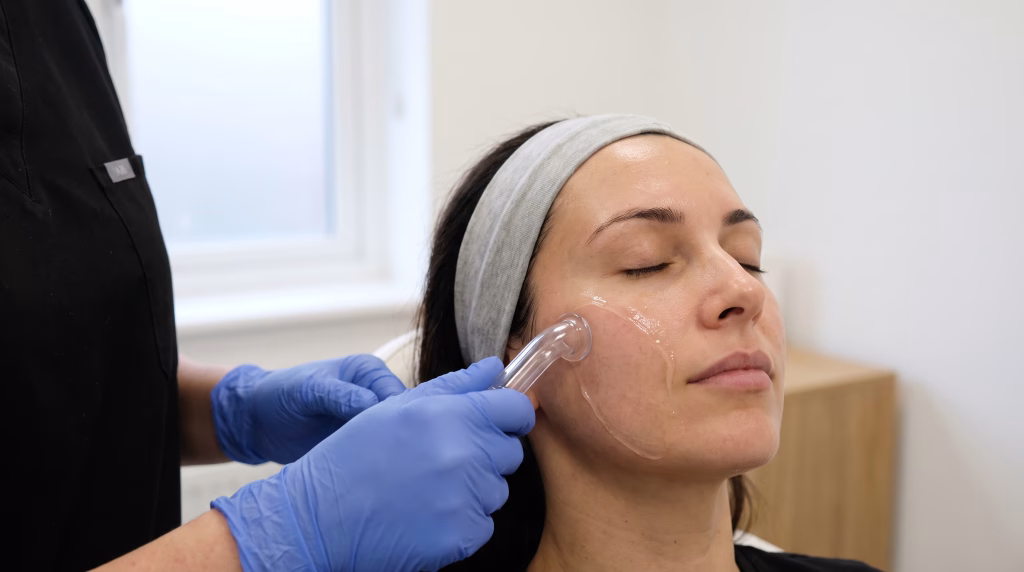 Suction handpiece gliding across the cheek during a hydrating facial at House of Glam HQ in Southsea