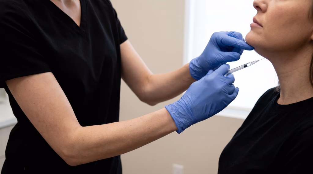 Fat dissolving injection being placed under the chin at House of Glam HQ in Southsea