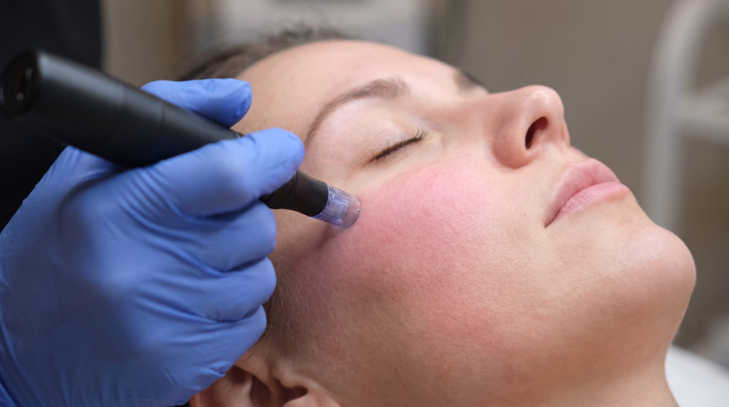 Microneedling pen worked across the cheekbone during a treatment at House of Glam HQ in Southsea