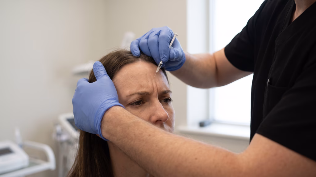 A fine needle placed into the forehead while the client draws her brows together