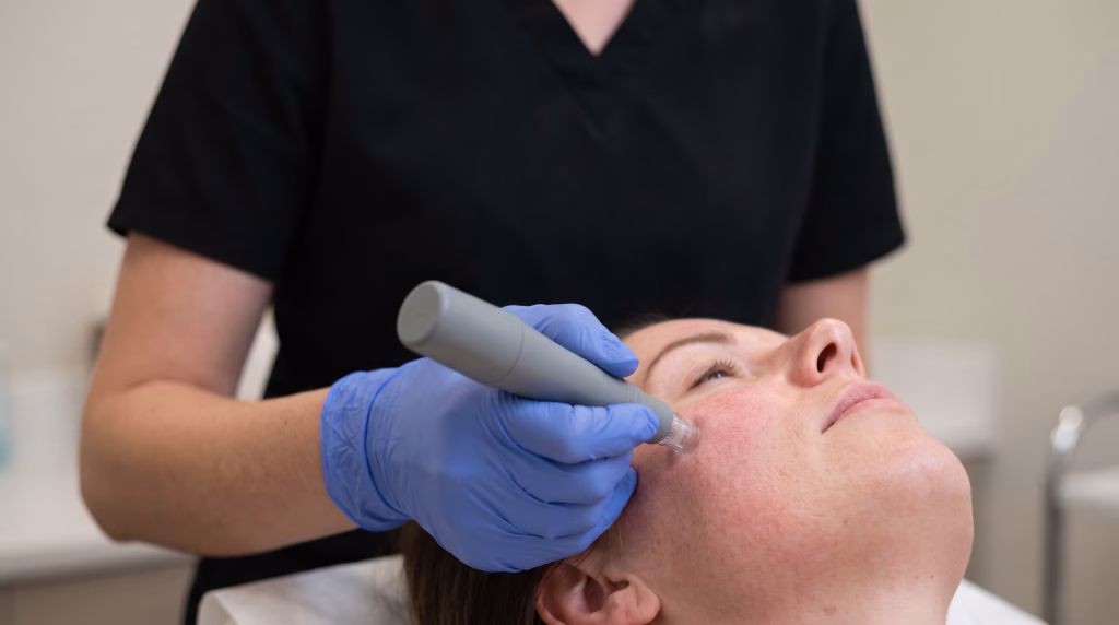A microneedling pen passed over a cheek during treatment, the skin behind it lightly flushed