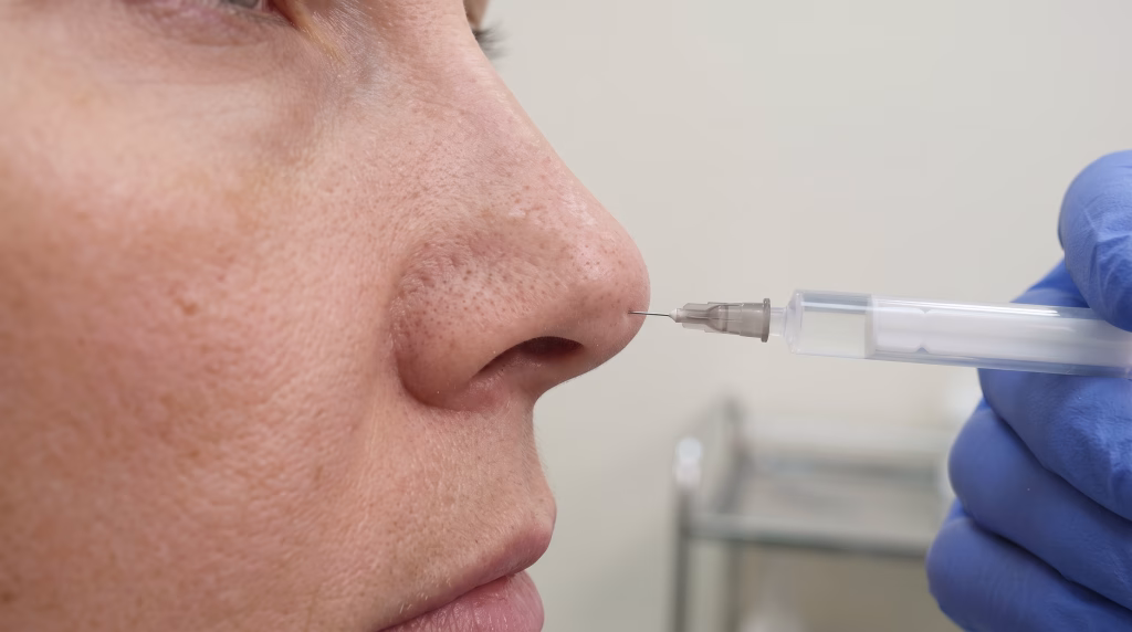 A fine needle held at the tip of a nose during a pixie tip lift, the point where the filler sits