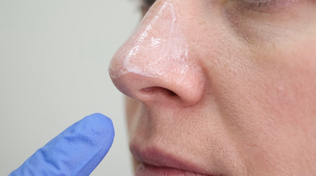 Close-up of numbing cream smoothed along the bridge and tip of a nose before nose filler, the step that takes the sharpness out of the injection