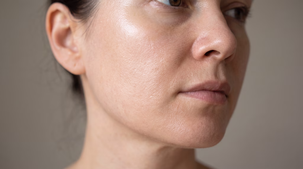 Close-up of a cheek and jaw looking hydrated and even with a natural sheen, bare and unmade-up