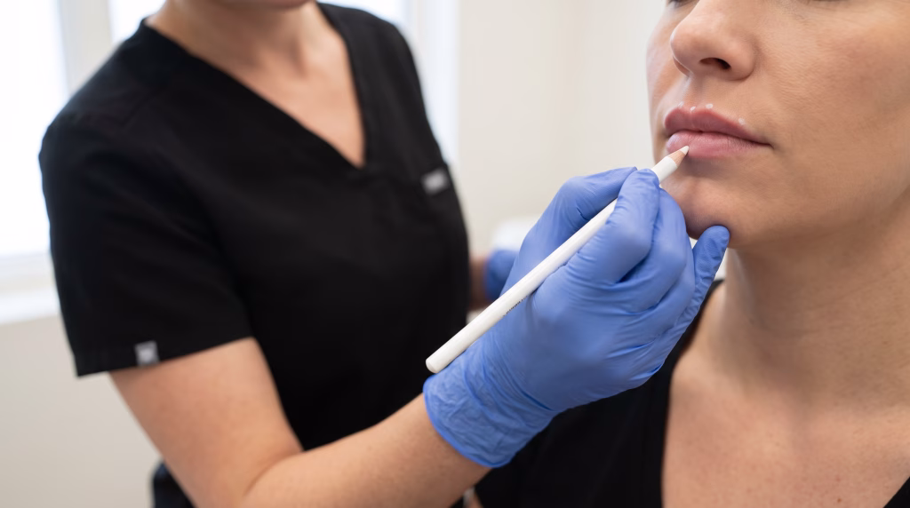 A gloved hand marking small points along the upper lip border with a white pencil before treatment