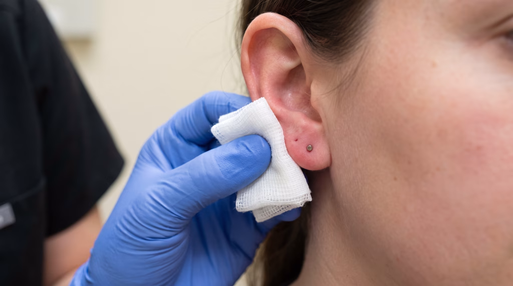 A gloved hand holding saline-damp gauze against a days-old lobe piercing with a plain stud