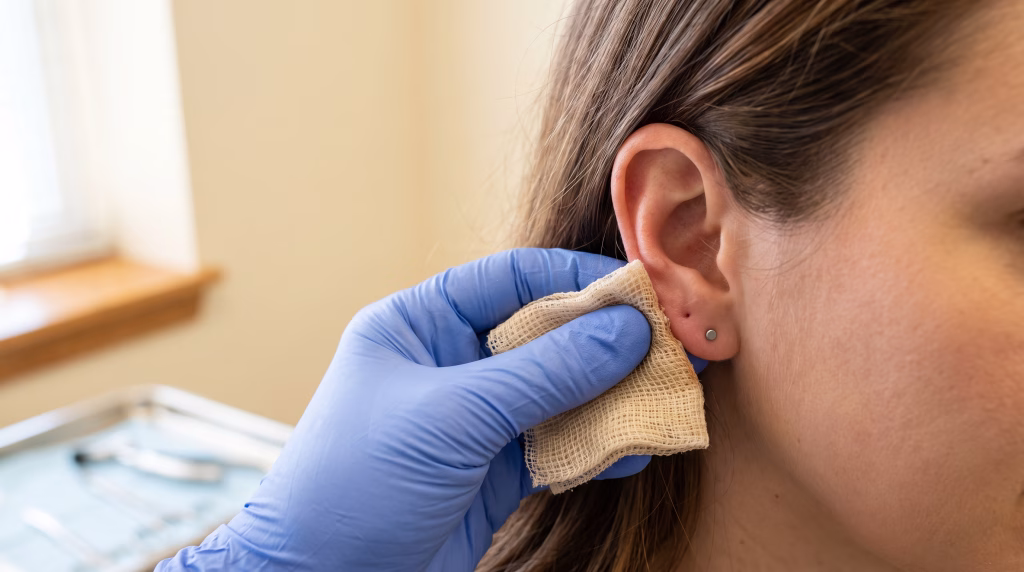 A gloved hand holding saline-soaked gauze against a healing lobe piercing to clean around the stud
