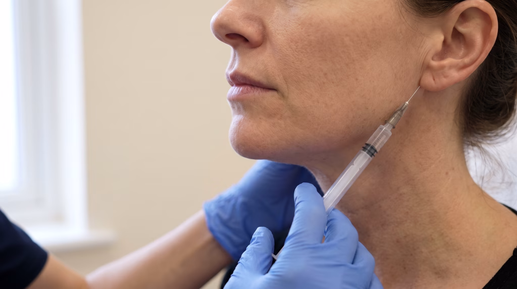 A fine needle placing dermal filler along a client's jaw border, in front of the ear