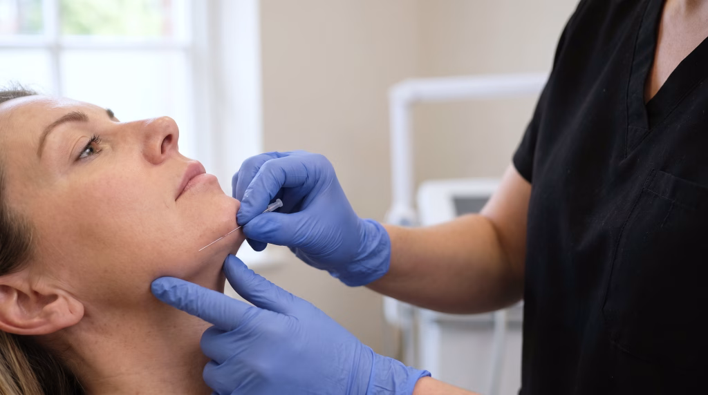 Gloved hands placing filler in the lower face beside the corner of the mouth with a fine needle