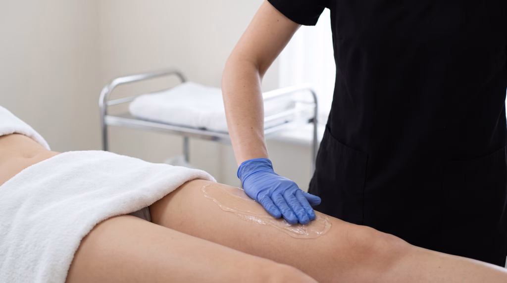 A gloved hand spreading cooling gel along the bikini line, a towel draped over the hip