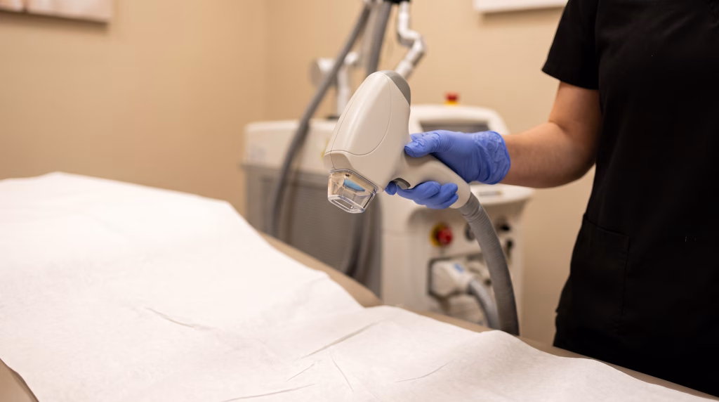 A gloved hand holding a laser hair removal handpiece with its cooling tip above a couch