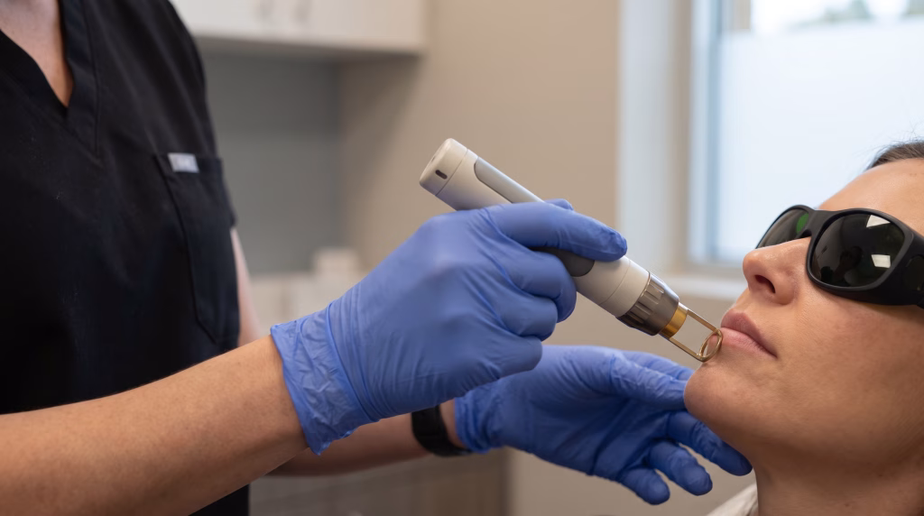 A small laser handpiece held above a woman's upper lip, her eyes protected by goggles