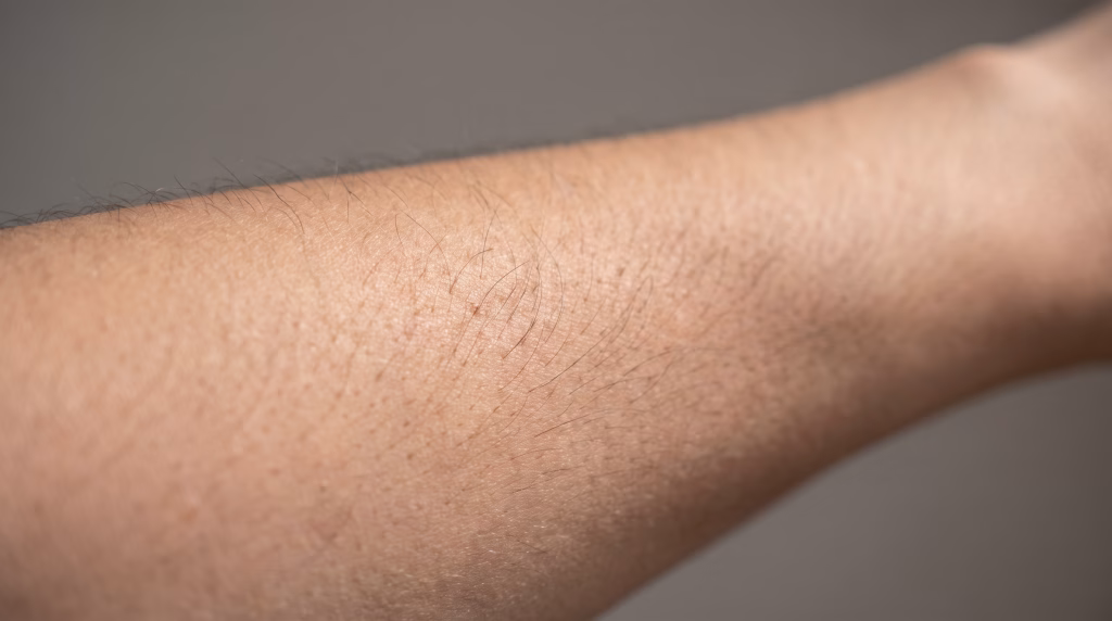Close-up of fine dark hairs on a woman's bare forearm in raking light