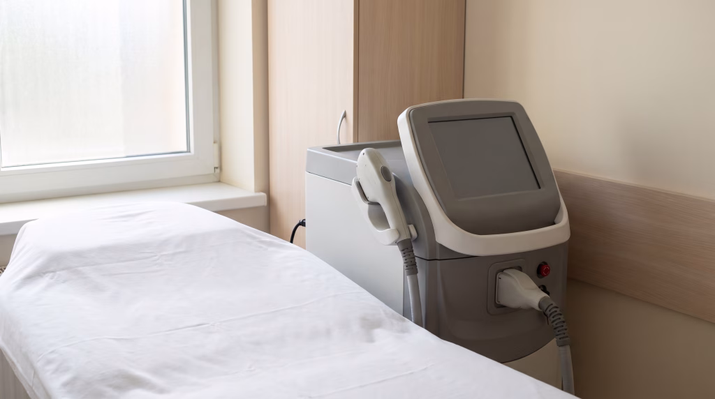 A laser machine standing idle with its handpiece docked beside a couch made up with fresh linen