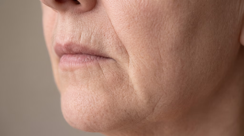 Close-up of fine lines running down from the corner of the mouth on bare unmade-up skin