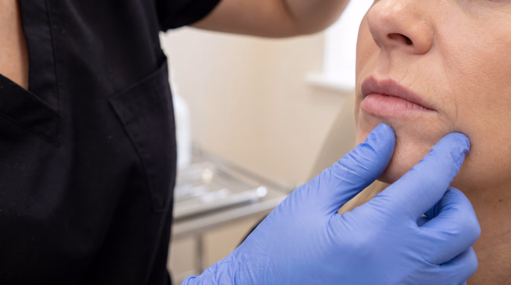 Gloved fingertips stretching the skin above the upper lip to show the fine vertical lines