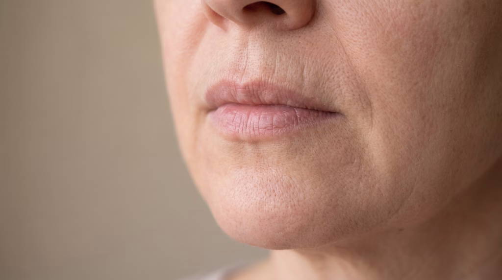 Fine vertical lines above the upper lip on bare skin with no makeup