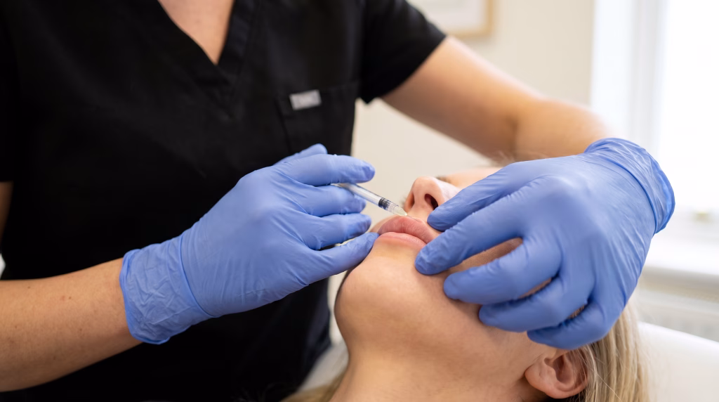 A fine needle placing a small amount of filler into a naturally thin upper lip