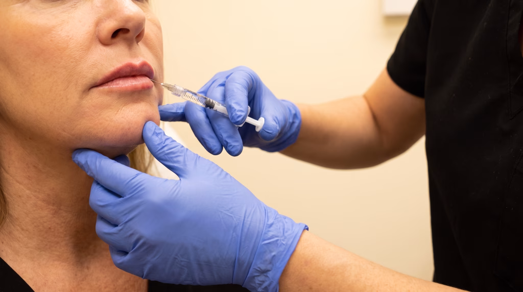 Lip filler placed with a fine needle along the border of a naturally thin upper lip