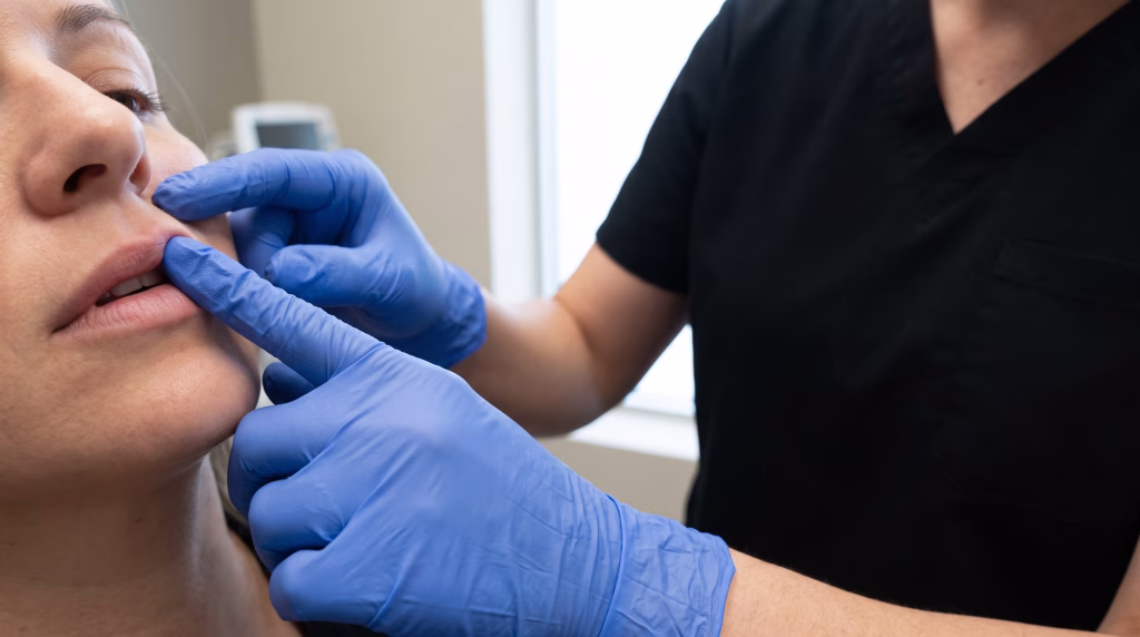 Gloved fingertips pressing along the upper lip to check the tissue for a small firm area