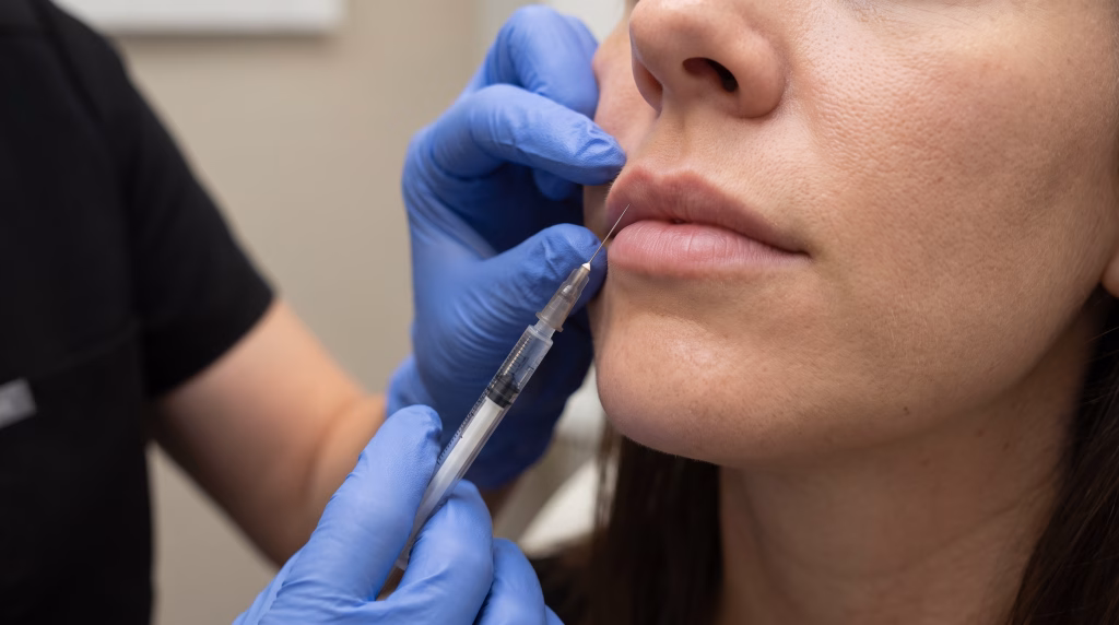 A fine needle placing a shallow injection just above the upper lip border