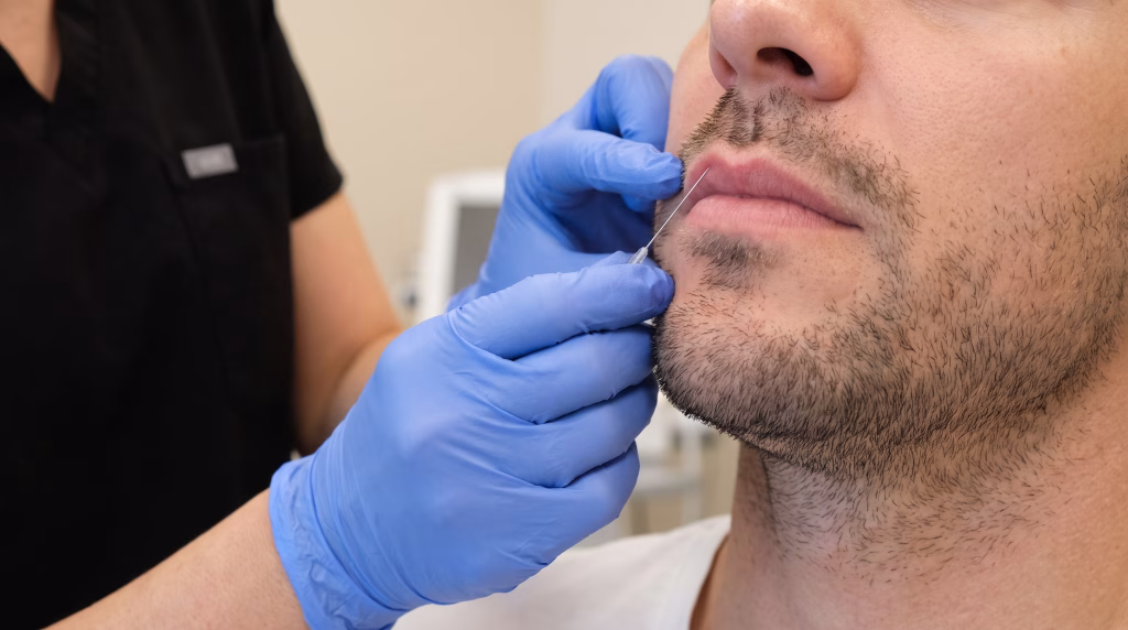 A fine needle held flat against the upper lip border of a man with short stubble