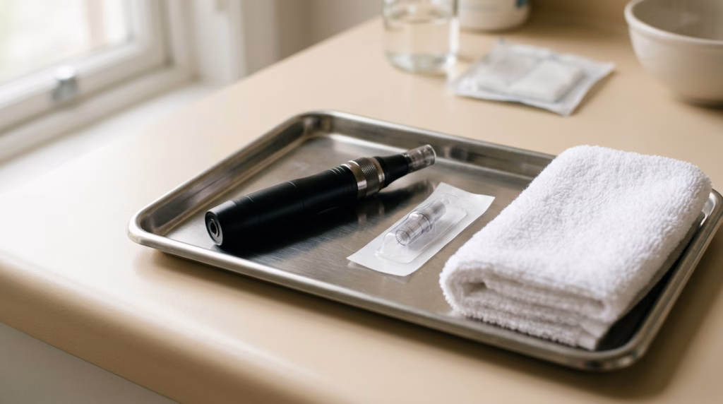 A microneedling pen and a sealed sterile cartridge on a stainless tray in a treatment room