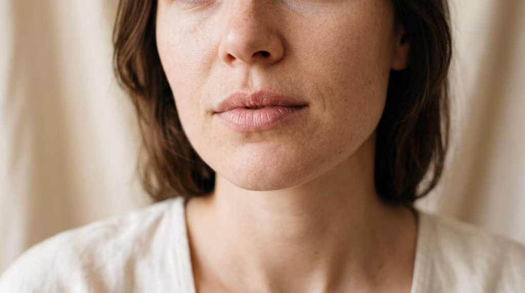 Close-up of a woman's lower face and natural lips with no make-up