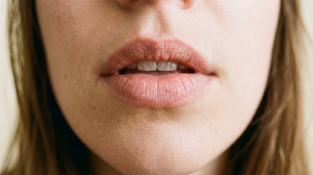 Close-up of a woman's lips with natural texture and no lipstick