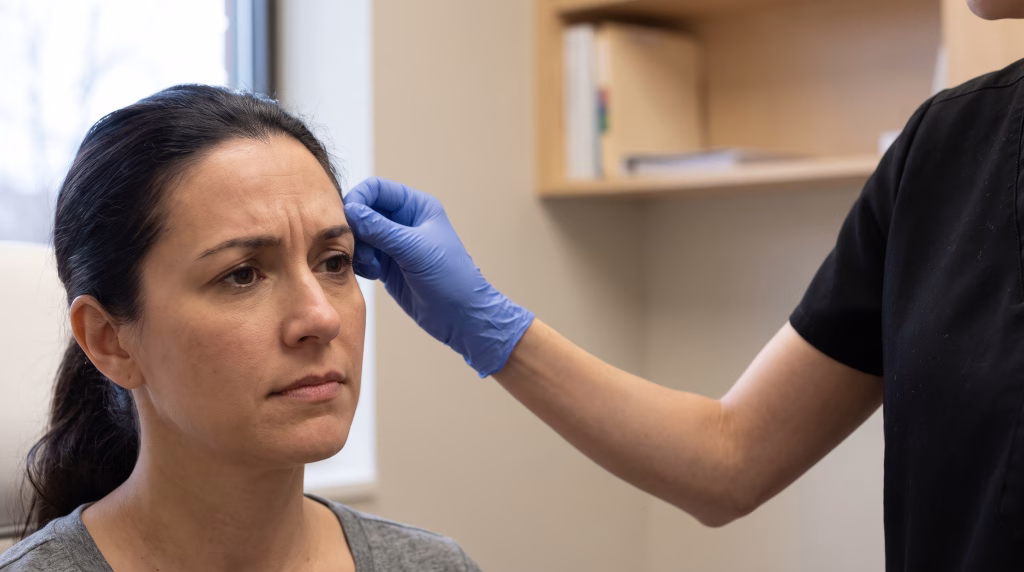 Gloved fingertips resting at the outer brow while the client frowns, assessing how the muscle moves