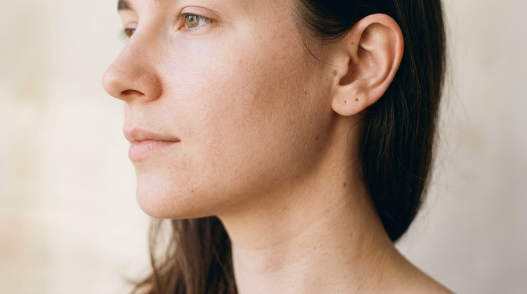Close-up of a woman's cheek and jawline showing natural skin texture and visible pores