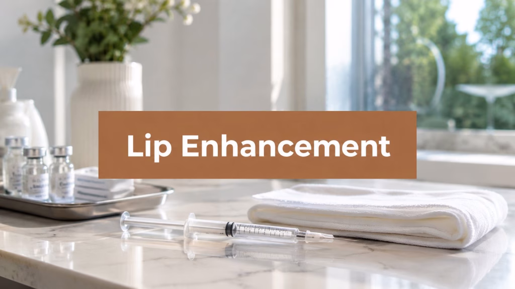 A syringe on a folded white towel beside a copper panel headed Lip Enhancement