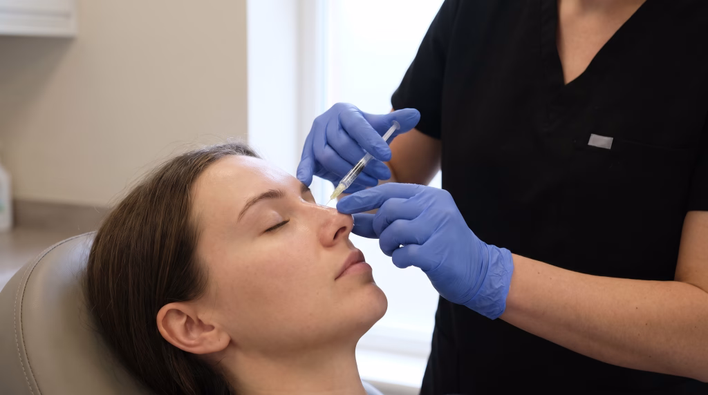Gloved hands placing a small amount of filler along the bridge of the nose with a fine needle
