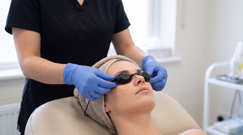 Gloved hands settling protective goggles over a client's closed eyes before a laser session