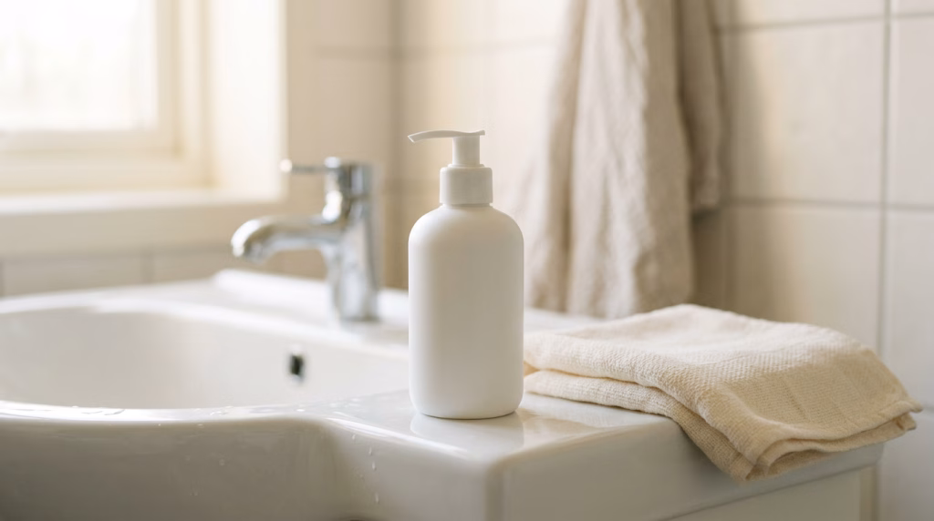 A plain unbranded pump bottle of facial cleanser beside a folded flannel on a basin