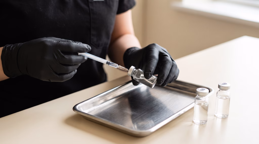Gloved hands drawing clear liquid from an unlabelled glass vial into a fine syringe