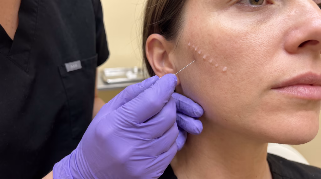 A fine needle placing a small skin booster injection along the cheekbone, blebs already in place