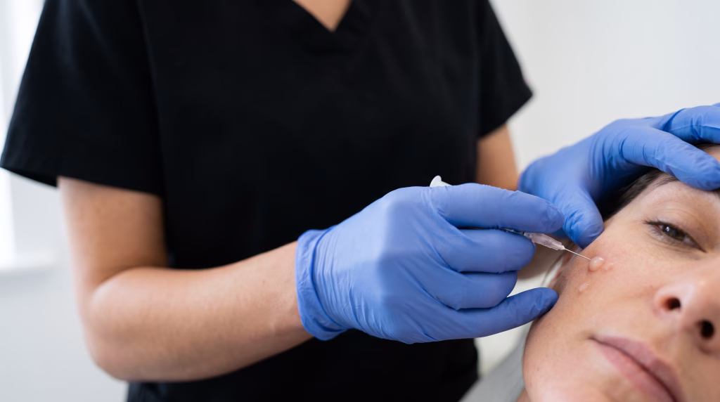 A fine needle placing a small polynucleotide bleb high on the cheekbone