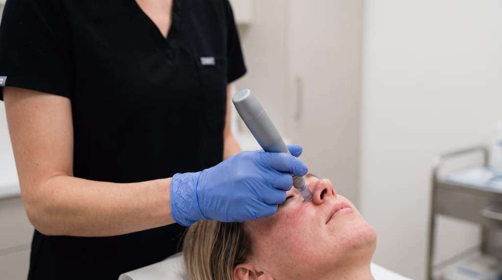 A microneedling pen worked across the side of the nose and cheek where the pores are enlarged