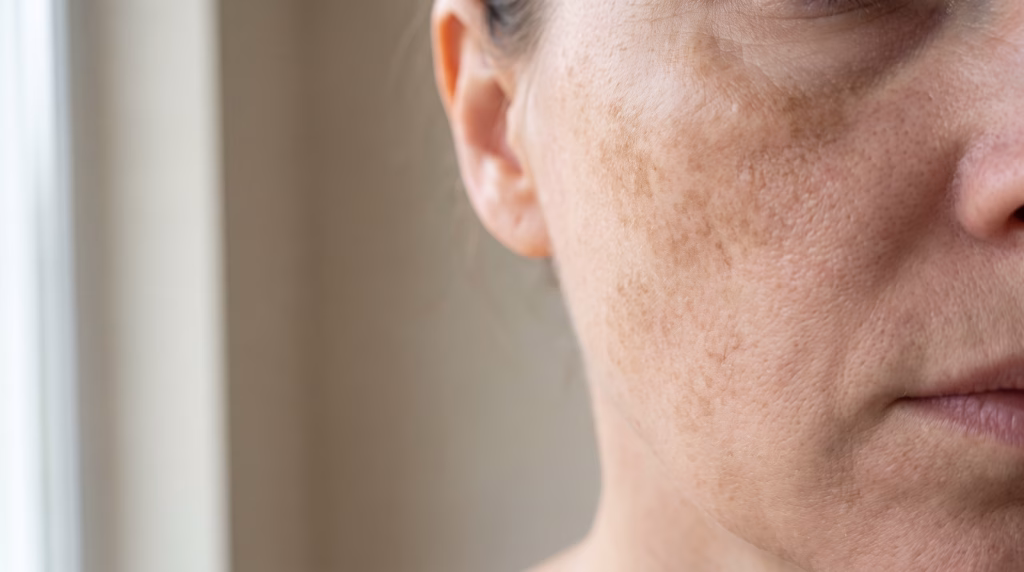 Patchy brown pigmentation across a cheekbone on bare skin in daylight, with no makeup